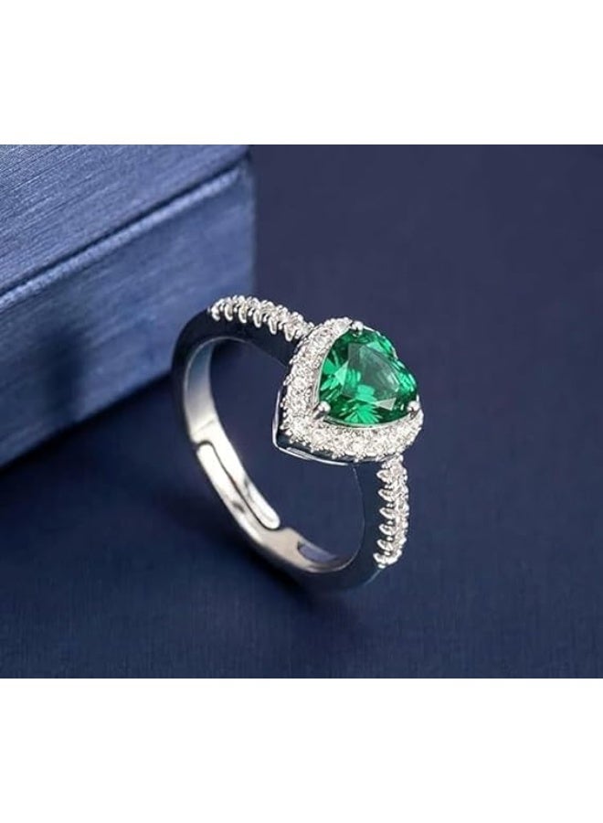 Emerald Heart Ring – Valentine’s Day Romantic Gift – Silver Tone Zircon Halo – Hypoallergenic Stainless Steel - Image 4